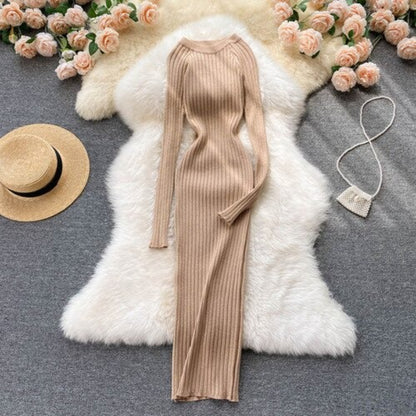 O-Neck Elastic Warm Knitted Sweater Dress