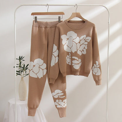 Casual Flower Printed Knitted Two-Piece Set For Women