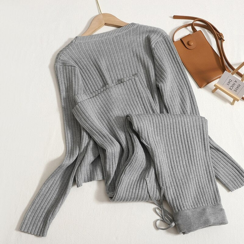 Warm Knitted Two Piece Tops And Pants Sets