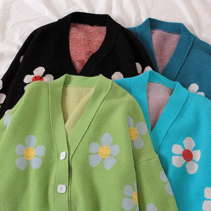 V-Neck Knitwear Loose Floral Knitted Sweater Cardigan
