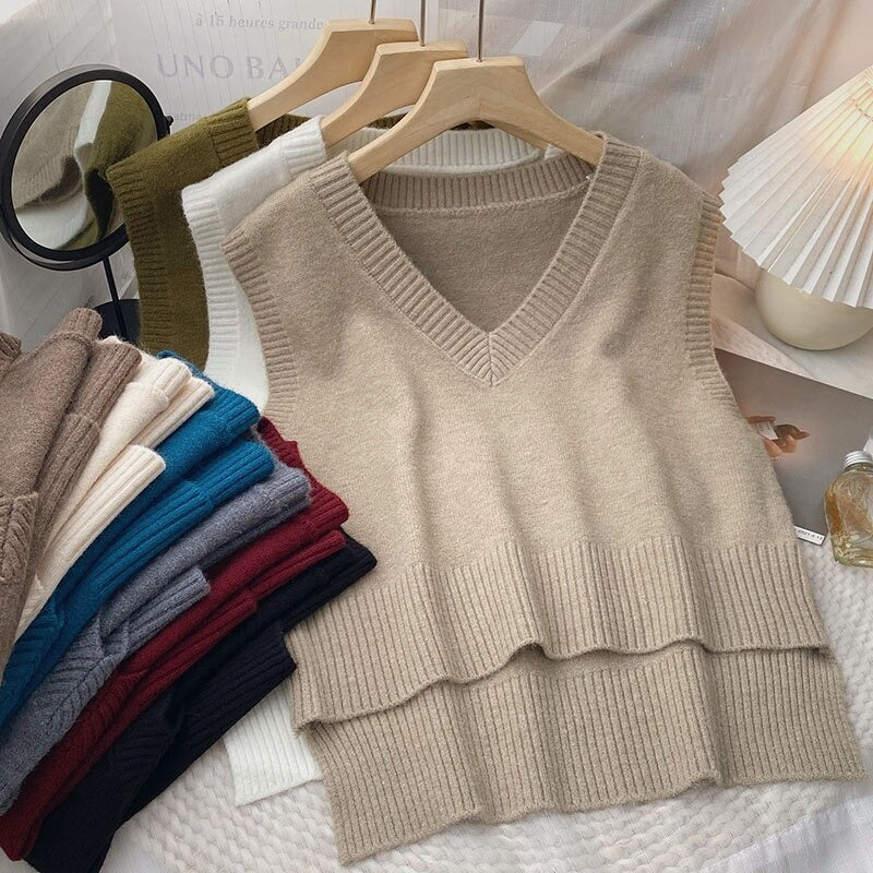 Loose Knitted V-Neck Sweater Vest For Women