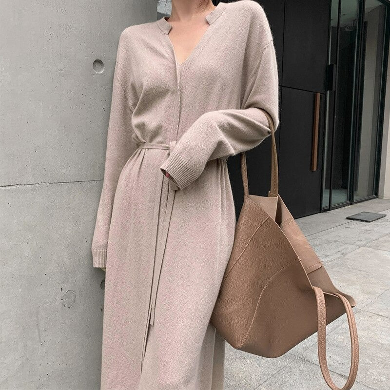 Women's Mid-Length Drawstring Straight Sweater Dress Khaki One Size