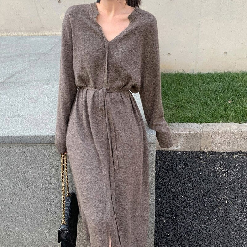 Women's Mid-Length Drawstring Straight Sweater Dress Brown One Size