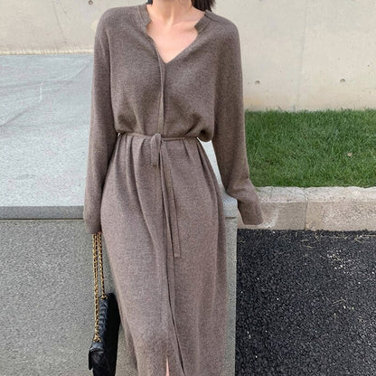 Women's Mid-Length Drawstring Straight Sweater Dress Brown One Size