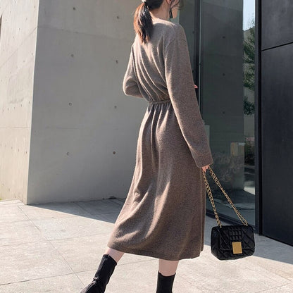 Women's Mid-Length Drawstring Straight Sweater Dress