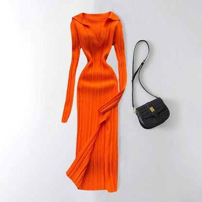 Slit Slim Knitted Square Neck Sheath Sweater Dress One Size Orange