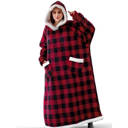 Oversized Checkered Giant Hooded Wearable Blanket Red