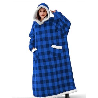 Oversized Checkered Giant Hooded Wearable Blanket Blue