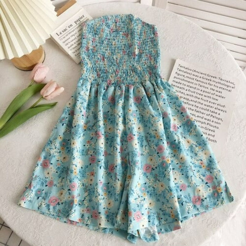 Floral Printed Short Romper Suit for Women Sky Blue One Size