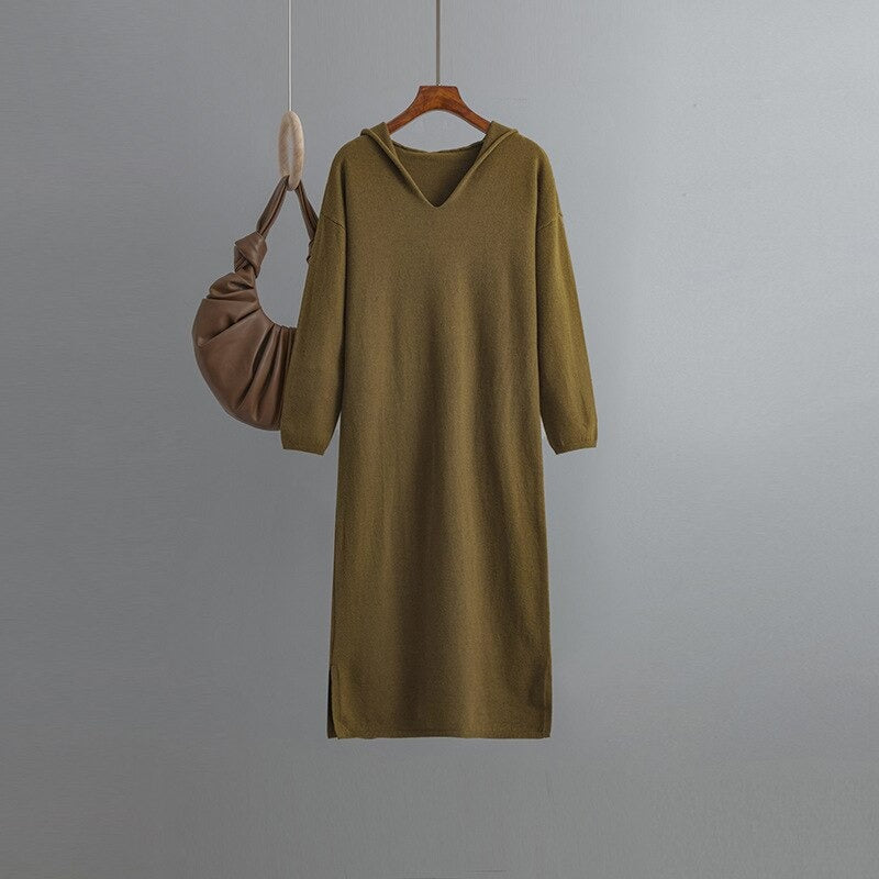 Casual Hooded Long Sweater Dress For Women Green One Size