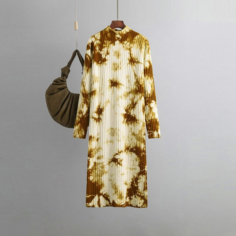 Loose Midi Retro Printed Soft Tie-Dyed Knitted Dress One Size Yellow