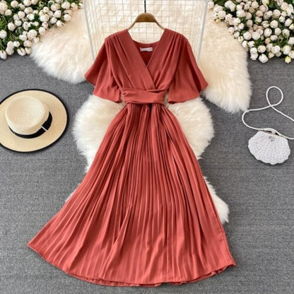 Elegant Solid Color V-neck Short Sleeve Dress For Women