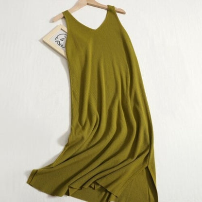 Warm V-Neck Knitted Long Sweater Dress Green One Size