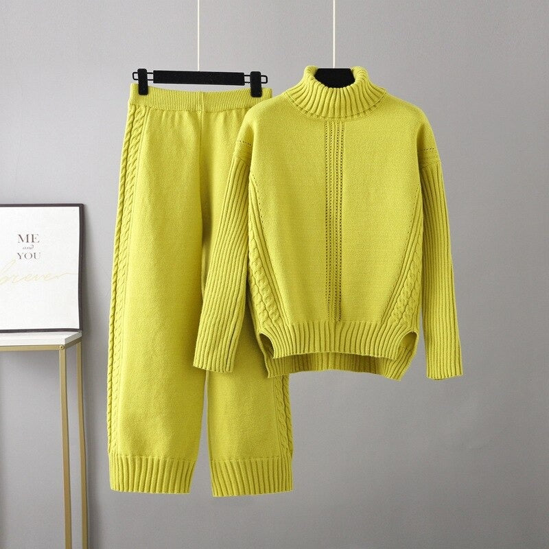 Turtleneck Thickened Knitted Sweater And Pants For Women