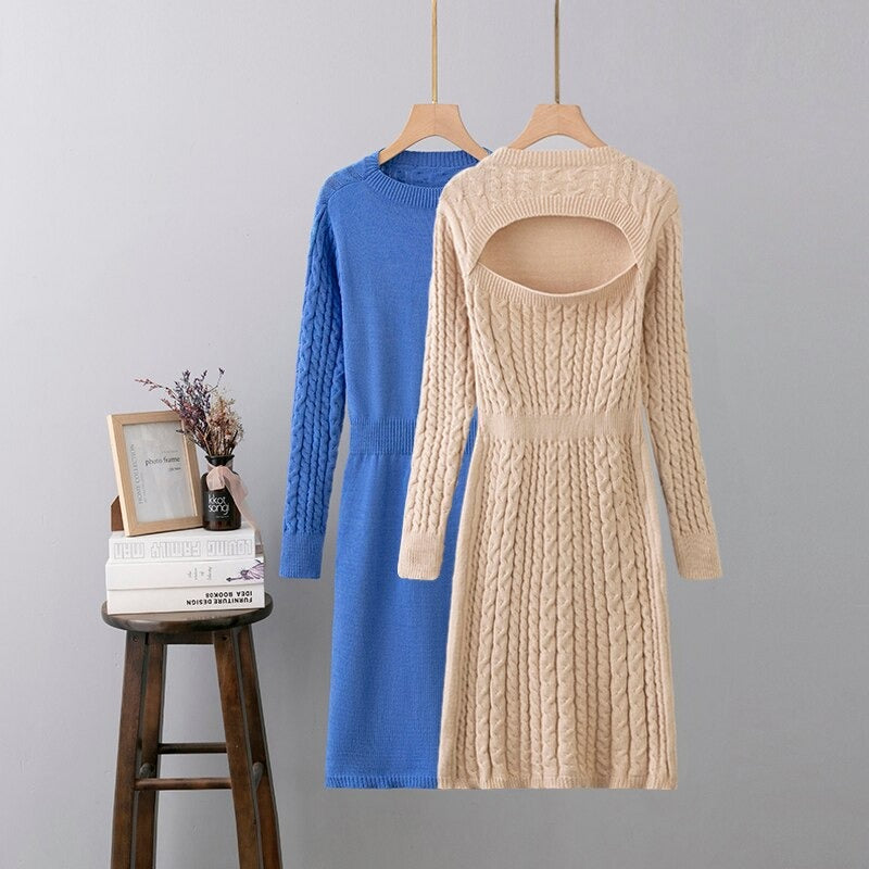Casual Knitted Hollow Out Long Sleeve Sweater Dress