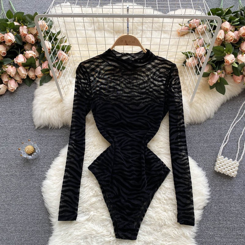 Black Mesh Long-Sleeved One-Piece Bodysuit