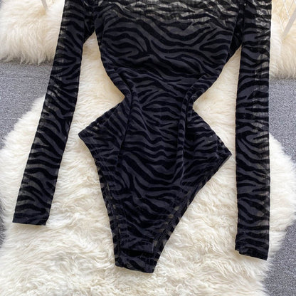 Black Mesh Long-Sleeved One-Piece Bodysuit