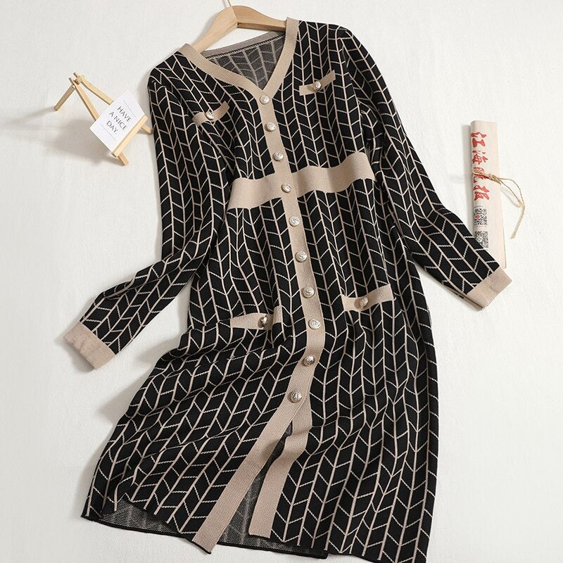 Mid-Length V-Neck Plaid Knitted Split Dress