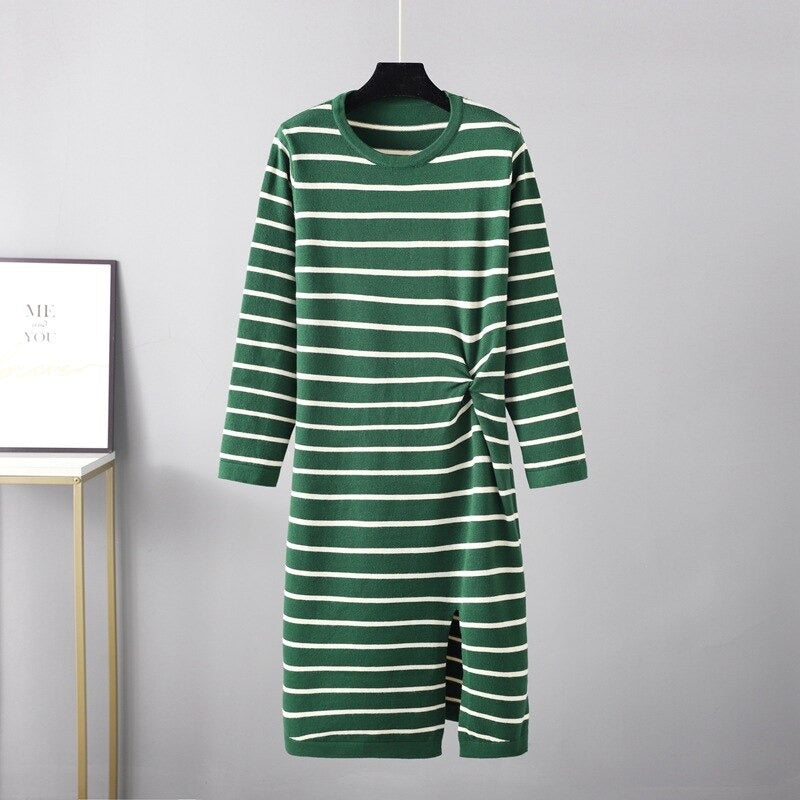 Twisted Striped Long Sleeve Sweater Dress For Women Green One Size