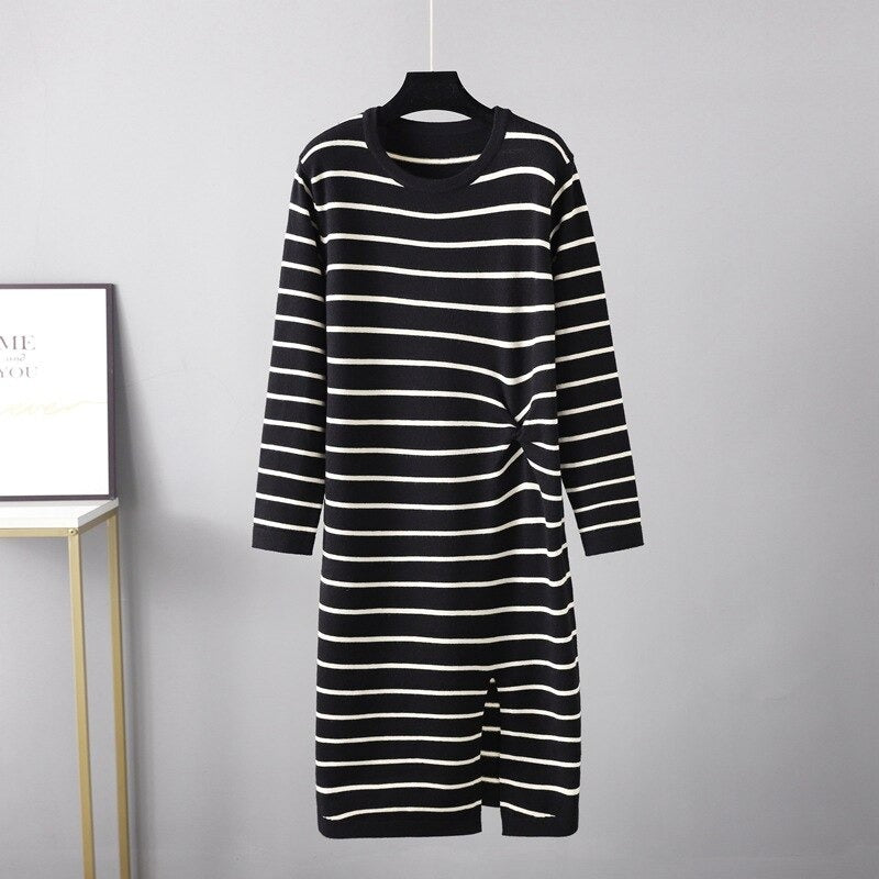 Twisted Striped Long Sleeve Sweater Dress For Women Black One Size