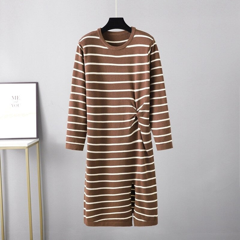 Twisted Striped Long Sleeve Sweater Dress For Women