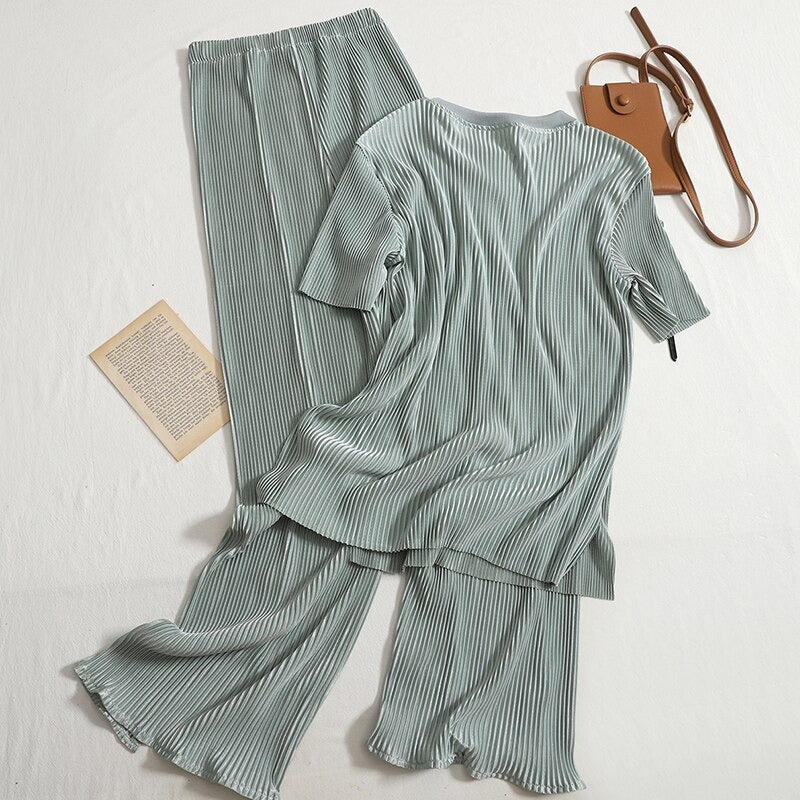 Two Piece O-Neck T-Shirt And Slit Pants For Women