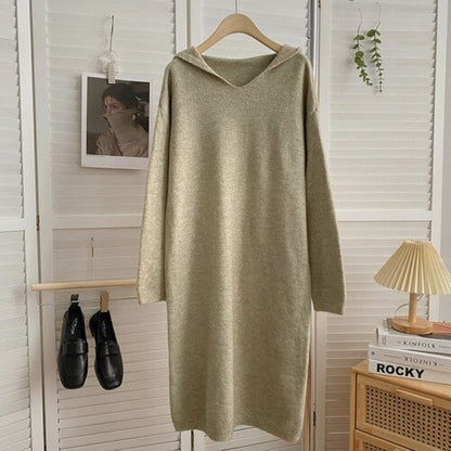 Warm Soft Hooded Long-Sleeve Knitted Sweater Dress For Women