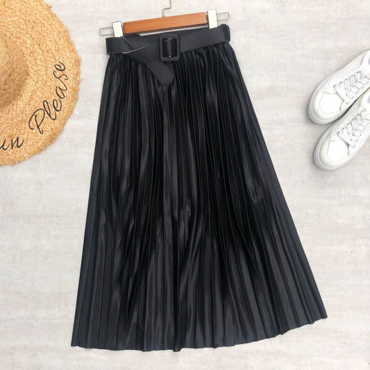 Colorful Solid Satin Pleated Skirt For Women