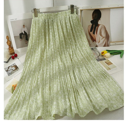 Korean Floral Printed Midi Pleated Skirt Style 24 One Size