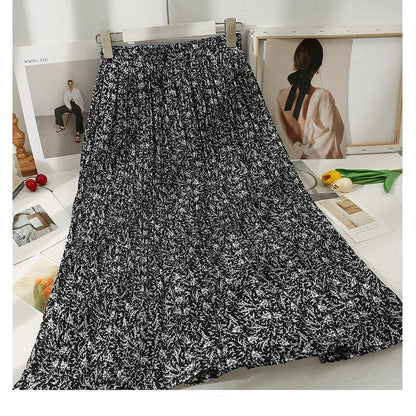 Korean Floral Printed Midi Pleated Skirt Style 1 One Size