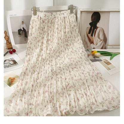 Korean Floral Printed Midi Pleated Skirt Style 10 One Size