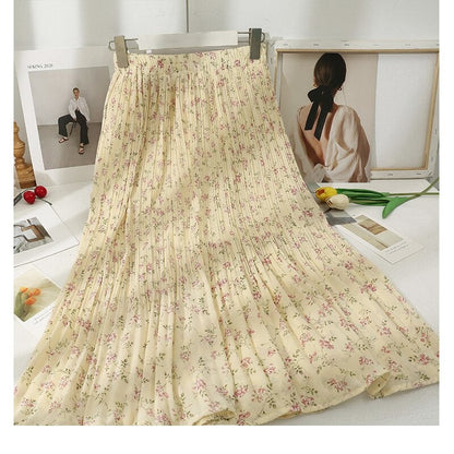 Korean Floral Printed Midi Pleated Skirt Style 12 One Size