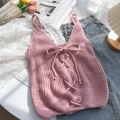 Casual Solid Cross Tie Bow Cami's