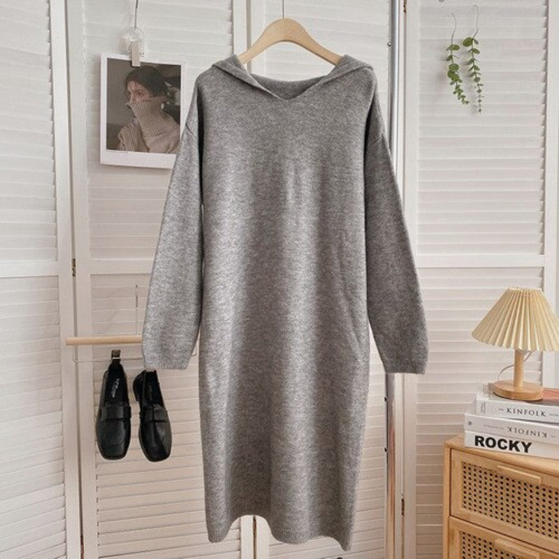 Warm Soft Hooded Long-Sleeve Knitted Sweater Dress For Women
