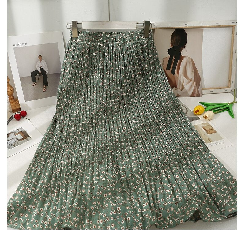Korean Floral Printed Midi Pleated Skirt