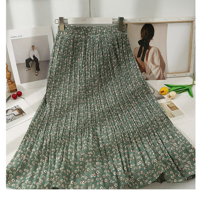 Korean Floral Printed Midi Pleated Skirt Style 15 One Size