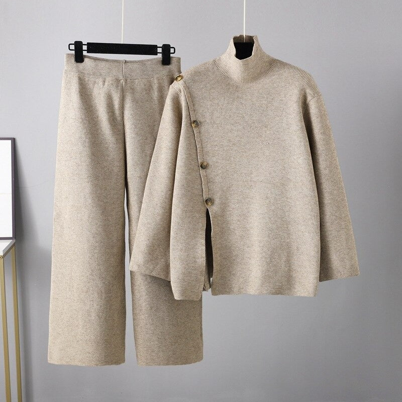 Casual Button Sweater And Wide-Leg Pants Suit For Women