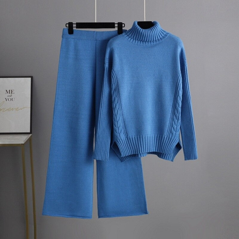 Thick Turtleneck Pullover Sweater Sets For Women Blue One Size