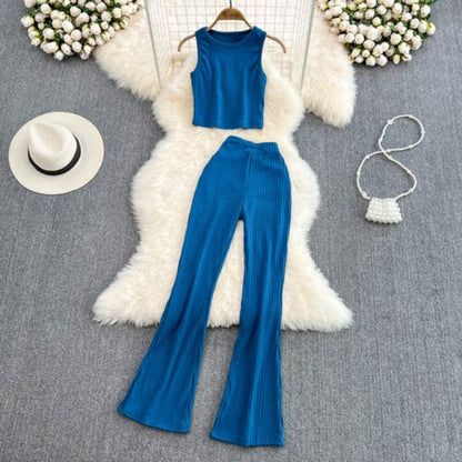 Casual Vest Sleeveless O-Neck 2 Piece Set Blue One Size