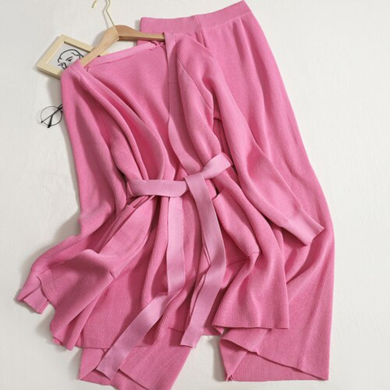 Lace-Up Knitted Cardigan Long Set Pink One Size