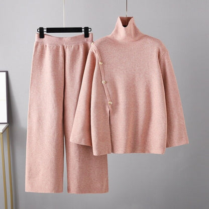 Casual Button Sweater And Wide-Leg Pants Suit For Women