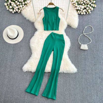 Casual Vest Sleeveless O-Neck 2 Piece Set Green One Size