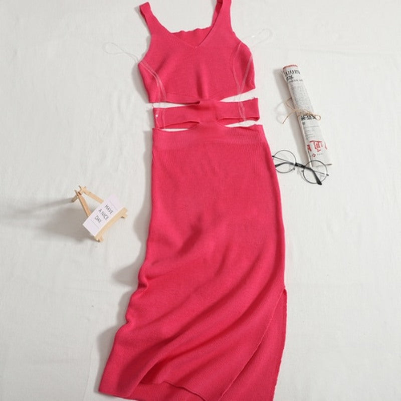 Waist Cutout Knitted Dress For Women Rose-Red One Size