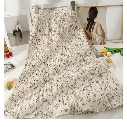 Korean Floral Printed Midi Pleated Skirt Style 19 One Size