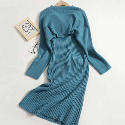 V-Neck Knitted Suspender Knotted Two-Piece Sweater Dress