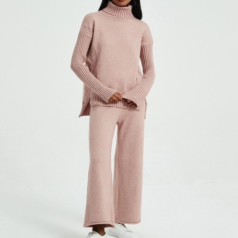 Thick Turtleneck Pullover And Wide Leg Pants For Women